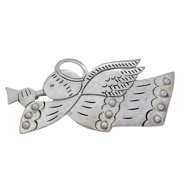 Estate Mexico Sterling Silver 925 Trumpeting Angel Brooch Pin - Picture 3 of 7